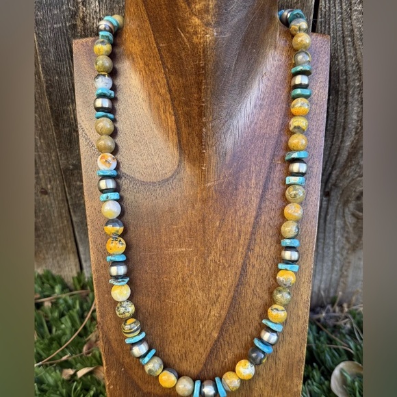 Sterling Silver Bumblebee Jasper Turquoise W Pearls Bead Necklace. 22 inch